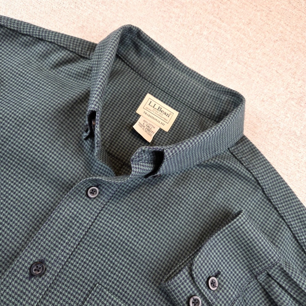 L.‎ L. Bean Green Flannel Houndstooth Plaid Shirt Men's Large Tall Outdoors Camp